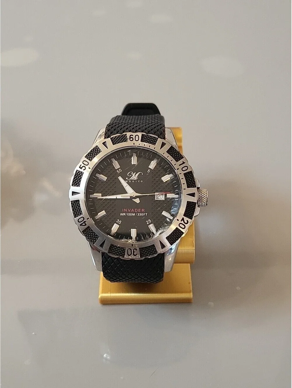 Magico Invader WR100m/330Ft Men's Wristwatch Black Silver Tone 49/52mm Works 9